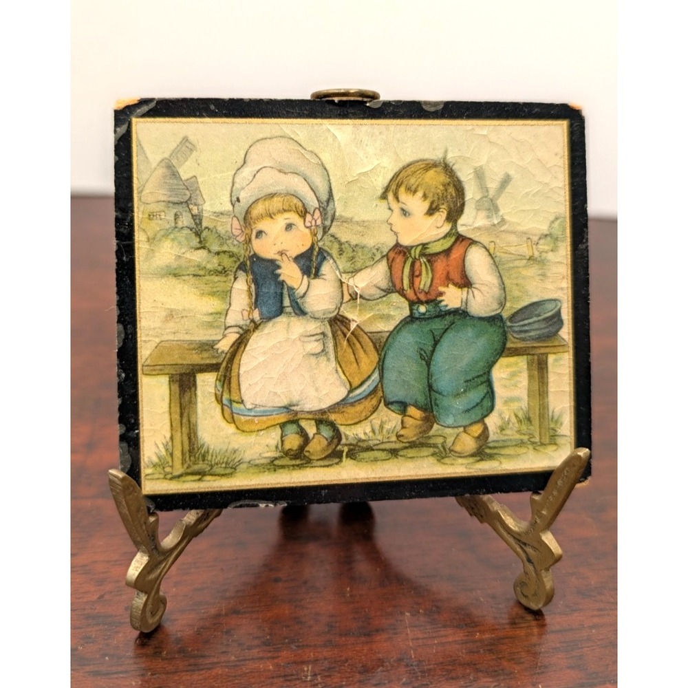 Vintage Dutch Boy Girl Wood Plaque Print Windmill Cottage Childrens Wall Art